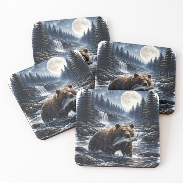 Item preview, Moonlit Bear Fishing in the River – Wilderness Nature Night Art designed and sold by ThatBurrito.