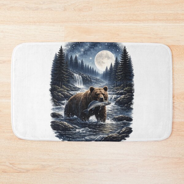 Item preview, Moonlit Bear Fishing in the River – Wilderness Nature Night Art designed and sold by ThatBurrito.