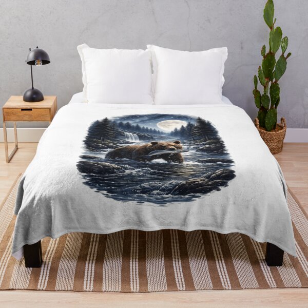 Item preview, Moonlit Bear Fishing in the River – Wilderness Nature Night Art designed and sold by ThatBurrito.