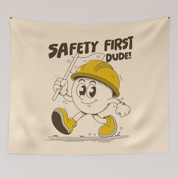 Item preview, Safety First Dude Retro Construction Cartoon Illustration designed and sold by adipra.