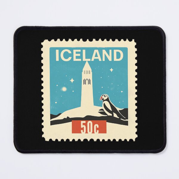 Item preview, Vintage Iceland Postage Stamp Art - Hallgrimskirkja & Puffin designed and sold by tiigerdad.