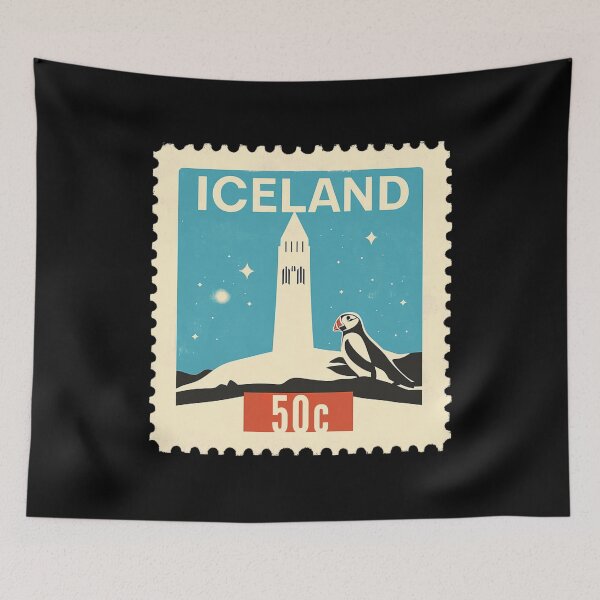 Item preview, Vintage Iceland Postage Stamp Art - Hallgrimskirkja & Puffin designed and sold by tiigerdad.