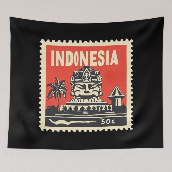 Item preview, Vintage Indonesia Postage Stamp Art - Ancient Temple & Palm designed and sold by tiigerdad.
