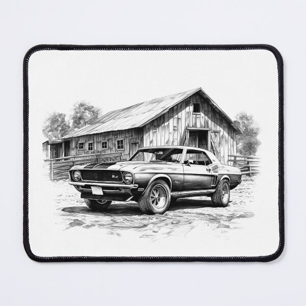 Item preview, Vintage Muscle Car at Country Barn | Black and White Retro Americana Illustration designed and sold by inkoutninja.