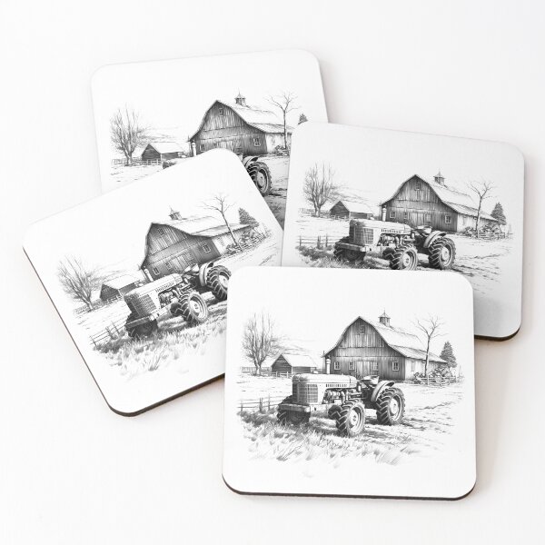 Item preview, Vintage Tractor and Barn | Black and White Rustic Farm Life Illustration designed and sold by inkoutninja.