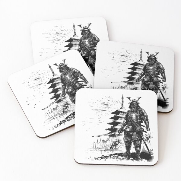 Item preview, Samurai Warrior with Pagoda | Black and White Japanese Feudal Illustration designed and sold by inkoutninja.