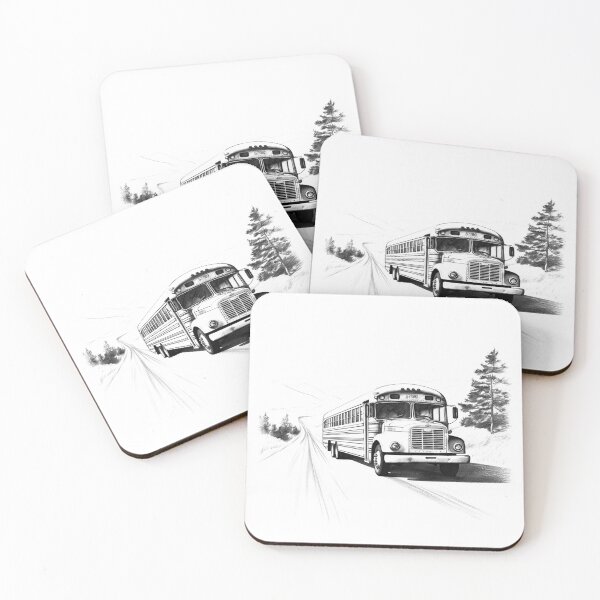 Item preview, Vintage School Bus on Country Road | Black and White Americana Travel Illustration designed and sold by inkoutninja.