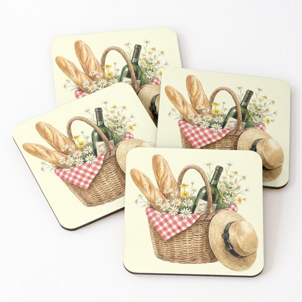 Item preview, Vintage Picnic Basket Illustration with Bread, Wine and Wildflowers designed and sold by Imaginationbeyond.