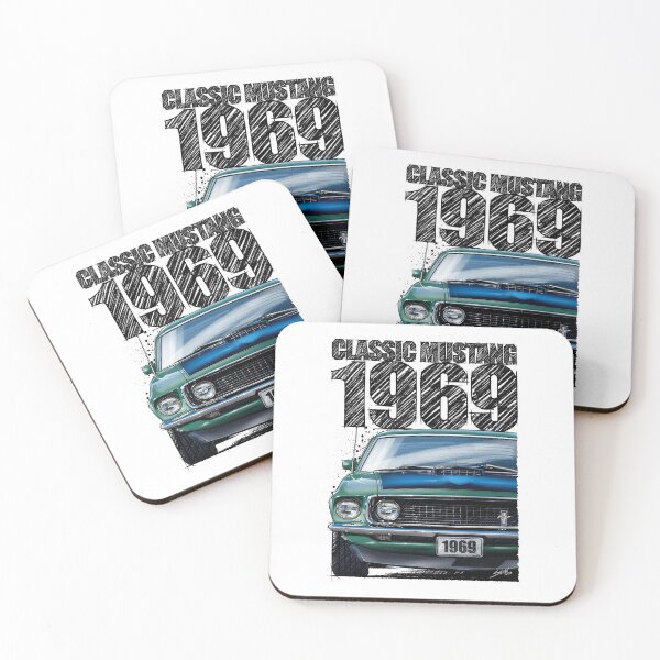 Item preview, 1969 Ford Mustang Mach 1 Silver Jade – Classic Muscle Car Front View Illustration designed and sold by Petrolhead T-Shirts and Art.
