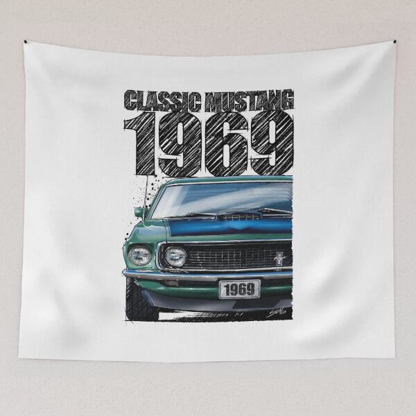Item preview, 1969 Ford Mustang Mach 1 Silver Jade – Classic Muscle Car Front View Illustration designed and sold by Petrolhead T-Shirts and Art.