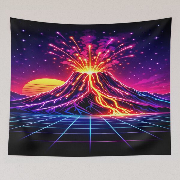 Aperçu de l'œuvre Art néon rétro volcan | Design synthwave montagne de lave vaporwave créée et vendue par Globalcitytees.