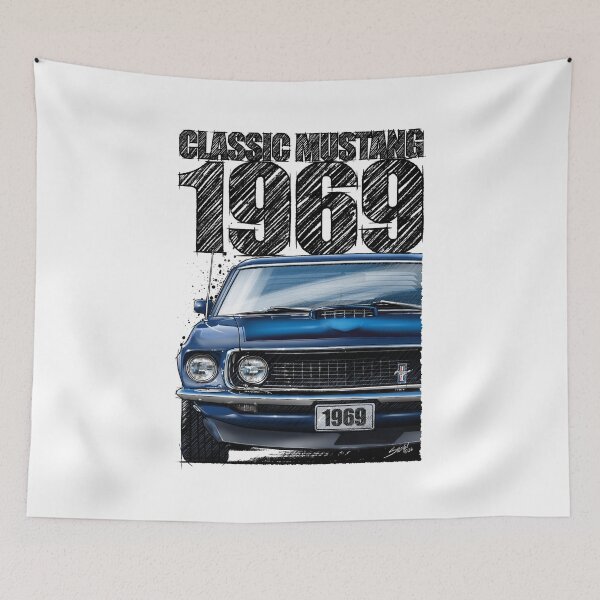 Item preview, 1969 Ford Mustang Mach 1 Acapulco Blue – Classic Muscle Car Front View Illustration designed and sold by Petrolhead T-Shirts and Art.