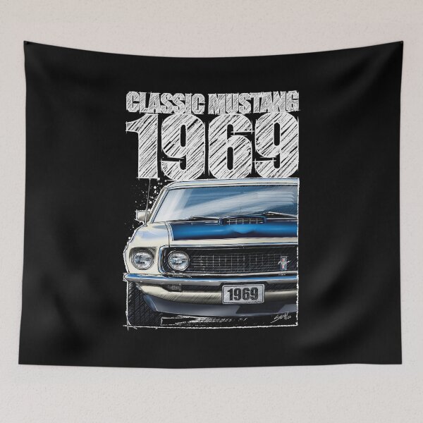 Item preview, 1969 Ford Mustang Mach 1 Wimbleton White (Dark Background) – Classic Muscle Car Front View Illustration designed and sold by Petrolhead T-Shirts and Art.