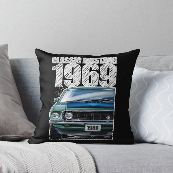 Item preview, 1969 Ford Mustang Mach 1 Silver Jade (Dark Background) – Classic Muscle Car Front View Illustration designed and sold by Petrolhead T-Shirts and Art.