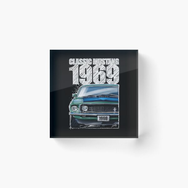 Item preview, 1969 Ford Mustang Mach 1 Silver Jade (Dark Background) – Classic Muscle Car Front View Illustration designed and sold by Petrolhead T-Shirts and Art.