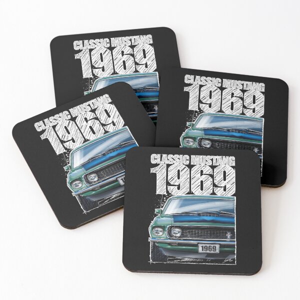 Item preview, 1969 Ford Mustang Mach 1 Silver Jade (Dark Background) – Classic Muscle Car Front View Illustration designed and sold by Petrolhead T-Shirts and Art.