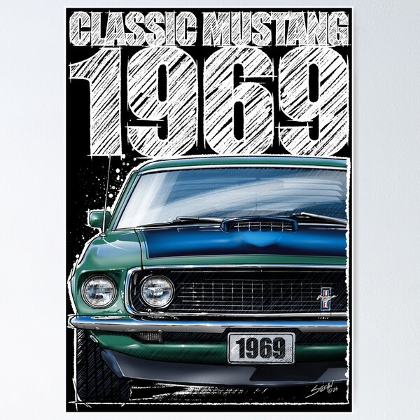 Item preview, 1969 Ford Mustang Mach 1 Silver Jade (Dark Background) – Classic Muscle Car Front View Illustration designed and sold by Petrolhead T-Shirts and Art.