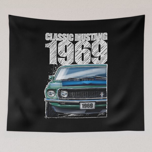 Item preview, 1969 Ford Mustang Mach 1 Silver Jade (Dark Background) – Classic Muscle Car Front View Illustration designed and sold by Petrolhead T-Shirts and Art.