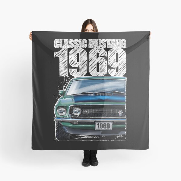 Item preview, 1969 Ford Mustang Mach 1 Silver Jade (Dark Background) – Classic Muscle Car Front View Illustration designed and sold by Petrolhead T-Shirts and Art.