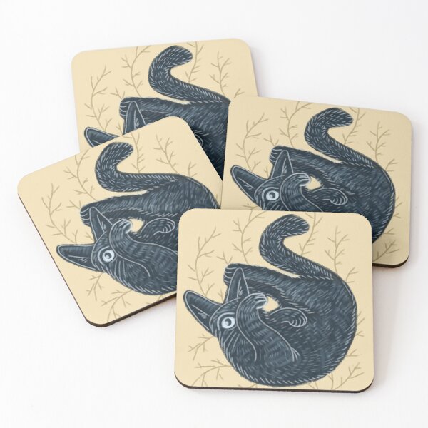 Item preview, Black kitten on a yellow background, hand-drawn, cat collection designed and sold by Dormitria.
