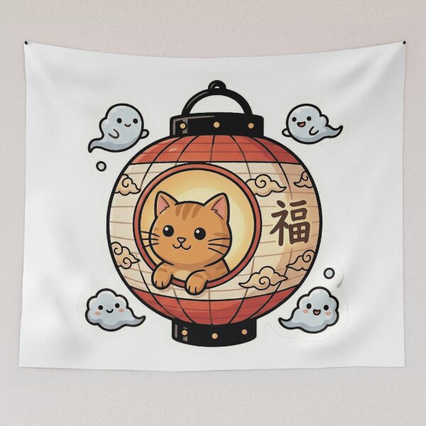 Item preview, Cute Japanese Lantern Cat - Kawaii Yokai Spirits Sticker designed and sold by MythoWorldddd.
