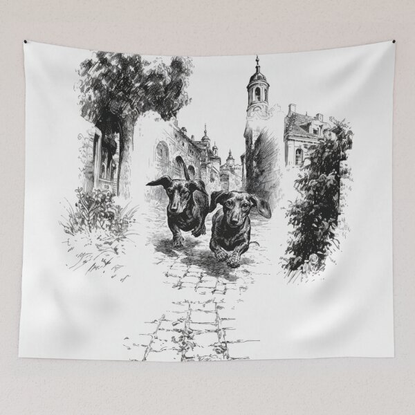 Item preview, A pair of Dachshunds running in tandem down a cobblestone street, Dogs in Motion designed and sold by CDC40.