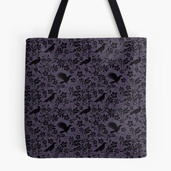 Item preview, Raven Silhouette Seamless Pattern – Monochrome Crow & Floral Purple Design designed and sold by WildLakePatterns.