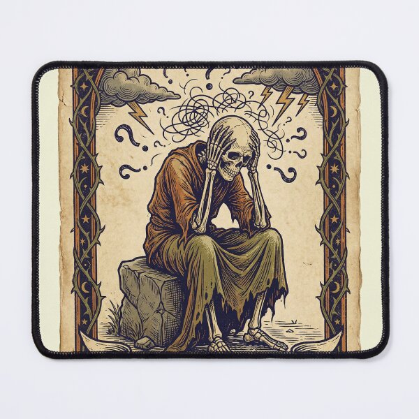 Item preview, The Overthinker Tarot Card - Vintage Skeleton Anxiety Art designed and sold by PixelPulseDesign.