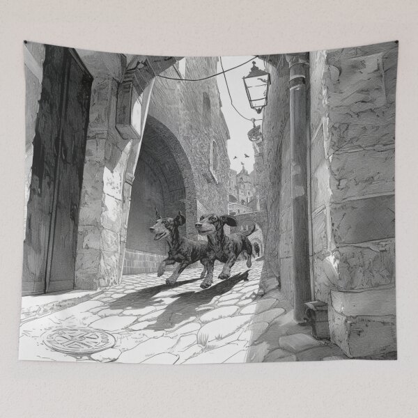 Item preview, A pair of Dachshunds running in tandem down a cobblestone street, Dogs in Motion designed and sold by CDC40.