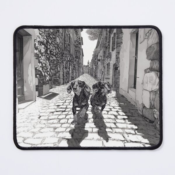 Item preview, A pair of Dachshunds running in tandem down a cobblestone street, Dogs in Motion designed and sold by CDC40.