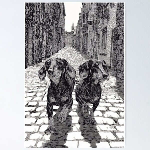 Item preview, A pair of Dachshunds running in tandem down a cobblestone street, Dogs in Motion designed and sold by CDC40.