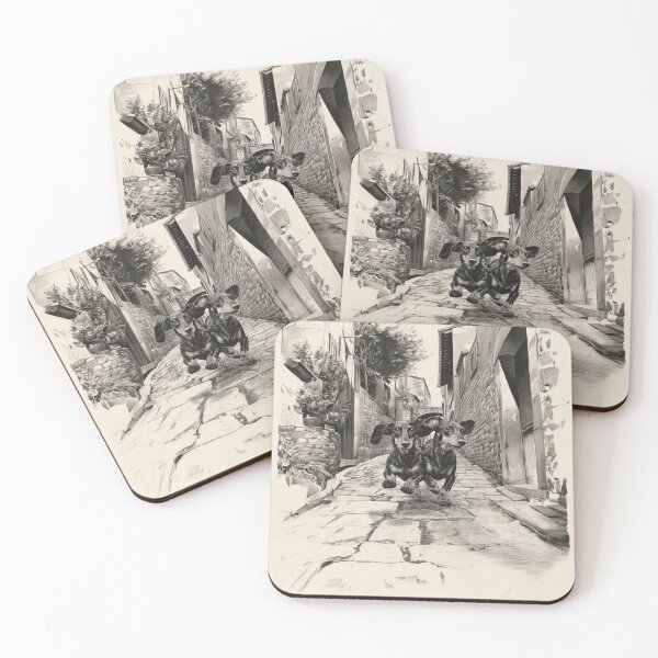 Item preview, A pair of Dachshunds running in tandem down a cobblestone street, Dogs in Motion designed and sold by CDC40.