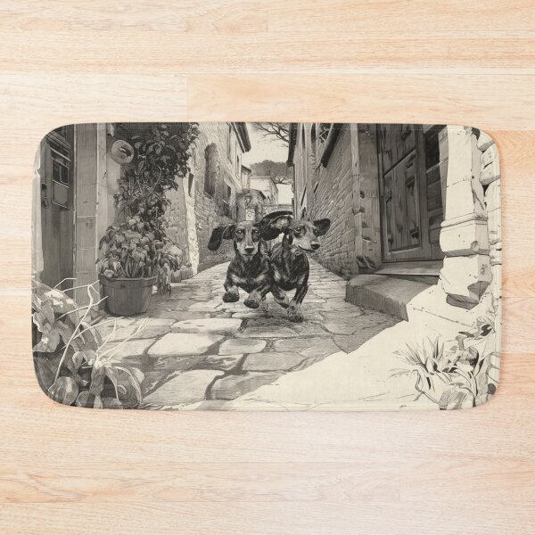 Item preview, A pair of Dachshunds running in tandem down a cobblestone street, Dogs in Motion designed and sold by CDC40.
