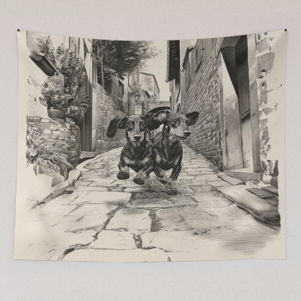 Item preview, A pair of Dachshunds running in tandem down a cobblestone street, Dogs in Motion designed and sold by CDC40.