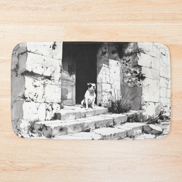 Item preview, A dignified Bulldog sitting by an old stone doorway, Dogs in Motion designed and sold by CDC40.