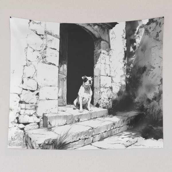 Item preview, A dignified Bulldog sitting by an old stone doorway, Dogs in Motion designed and sold by CDC40.