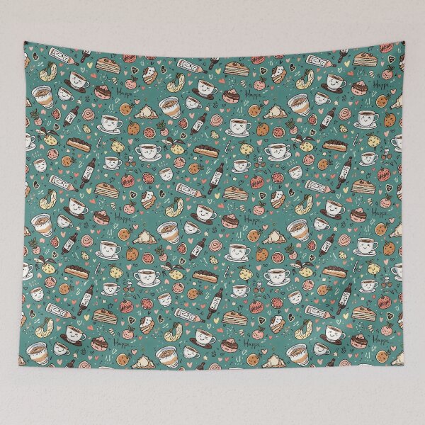 Item preview, Kawaii Cozy Cafe & Sweet Treats Teal Doodle Pattern designed and sold by Velvet&LaceFinds.