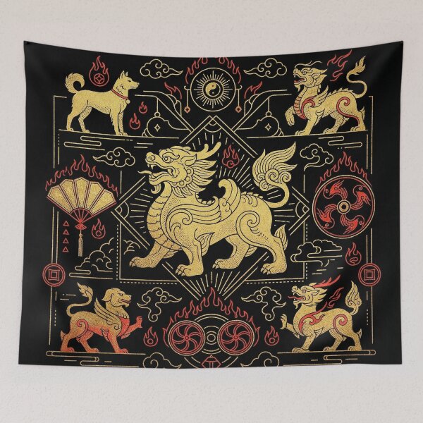 Item preview, Golden Mythical Guardian Lion and Qilin Line Art designed and sold by zzz888.