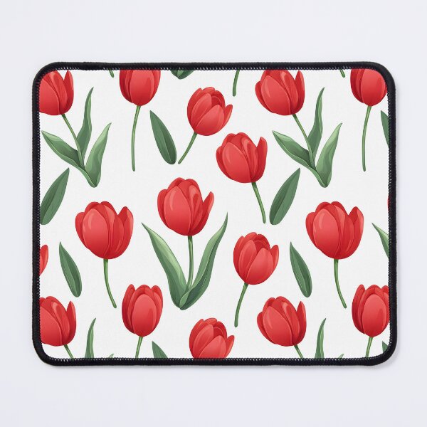 Item preview, The image displays a seamless pattern of vibrant red tulips with their green leaves, set against a crisp white backdrop, creating a cheerful, floral design. designed and sold by rujlaphusstudio.