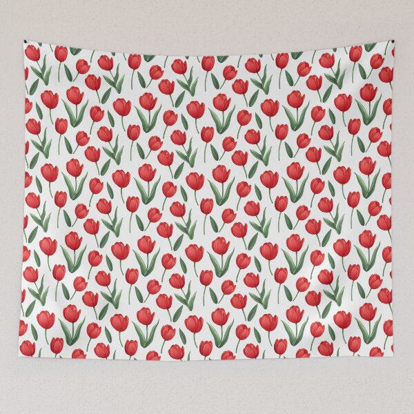 Item preview, The image displays a seamless pattern of vibrant red tulips with their green leaves, set against a crisp white backdrop, creating a cheerful, floral design. designed and sold by rujlaphusstudio.