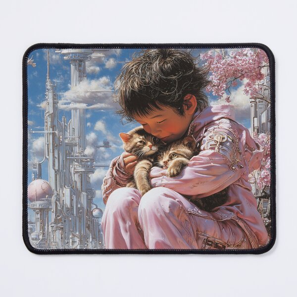 Item preview, Child Cuddling Kittens in Futuristic Setting designed and sold by lautir.