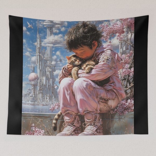 Item preview, Child Cuddling Kittens in Futuristic Setting designed and sold by lautir.