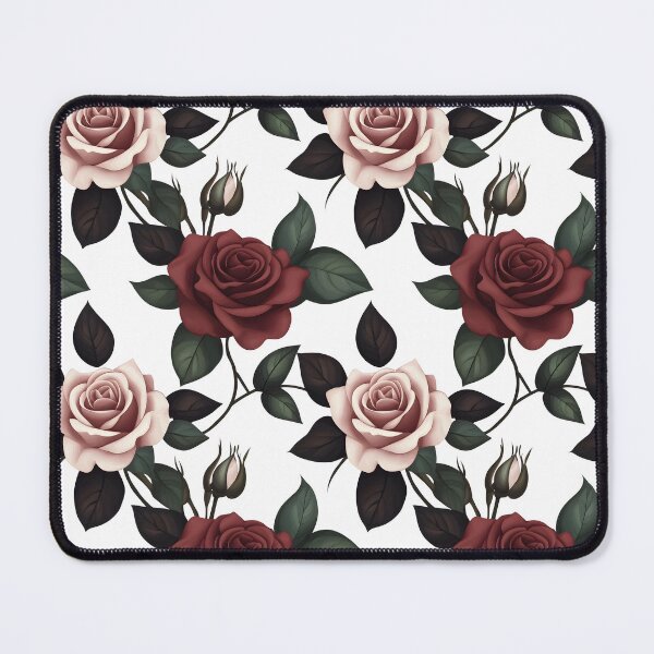 Item preview, The image displays a seamless floral pattern with roses in blush and deep red, accented by dark green leaves and budding stems, creating an elegant and romantic design. designed and sold by rujlaphusstudio.