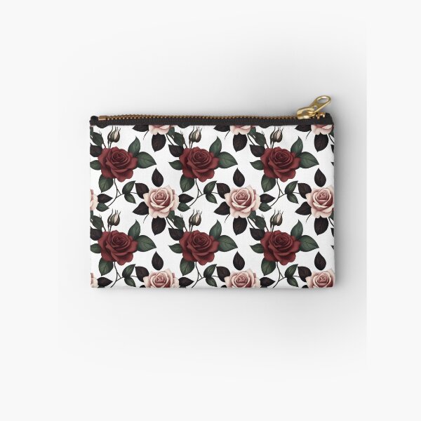 Item preview, The image displays a seamless floral pattern with roses in blush and deep red, accented by dark green leaves and budding stems, creating an elegant and romantic design. designed and sold by rujlaphusstudio.