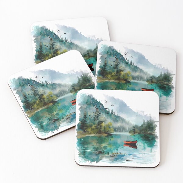 Item preview, Ethereal Misty Mountain Lake - Watercolor Pine Forest & Red Boat Art by Design Artistia designed and sold by DesignArtist.ia.