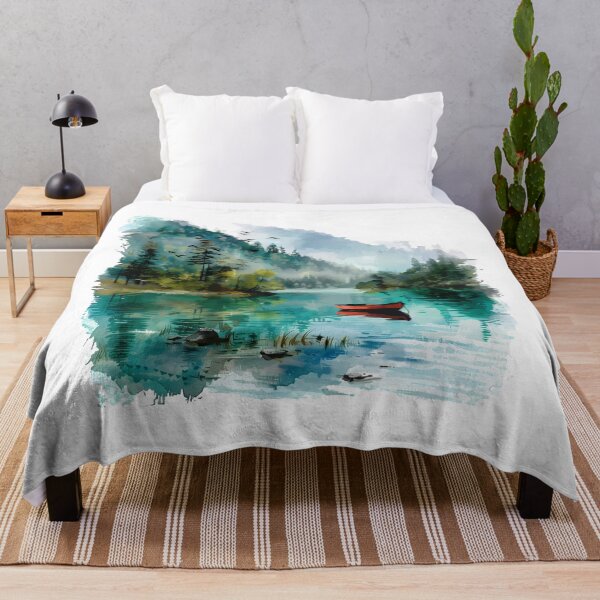 Item preview, Ethereal Misty Mountain Lake - Watercolor Pine Forest & Red Boat Art by Design Artistia designed and sold by DesignArtist.ia.