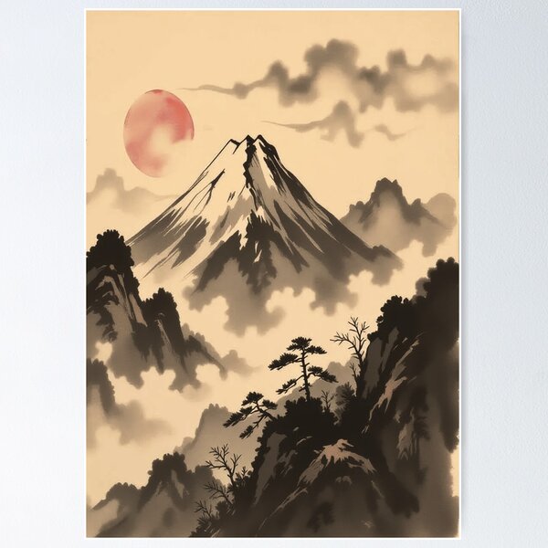 Artikelvorschau, Sonnenaufgang in Sumi E Ink Mountain entworfen und verkauft von ArtHistoryPrint.