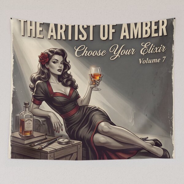 Item preview, The Artist of Amber Pinup Poster – Retro Whiskey Elixir Woman Print, Vintage Bar Wall Art Canvas, Glam Cocktail Lounge Decor India designed and sold by AbstractAuraArt.