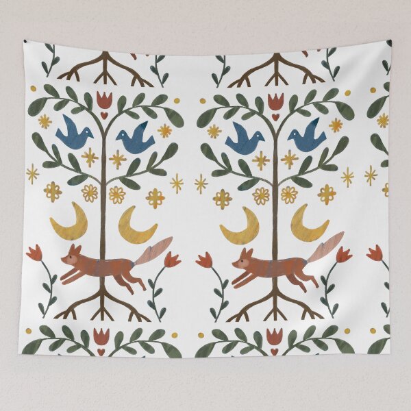 Item preview, Colorful folkloric pattern with a tree of life, fox, and birds designed and sold by Dormitria.
