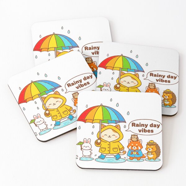 Item preview, Kawaii Cat Rainy Day Vibes - Cute Animal Squad in Raincoats designed and sold by MT-Hub | Art for Every Soul.